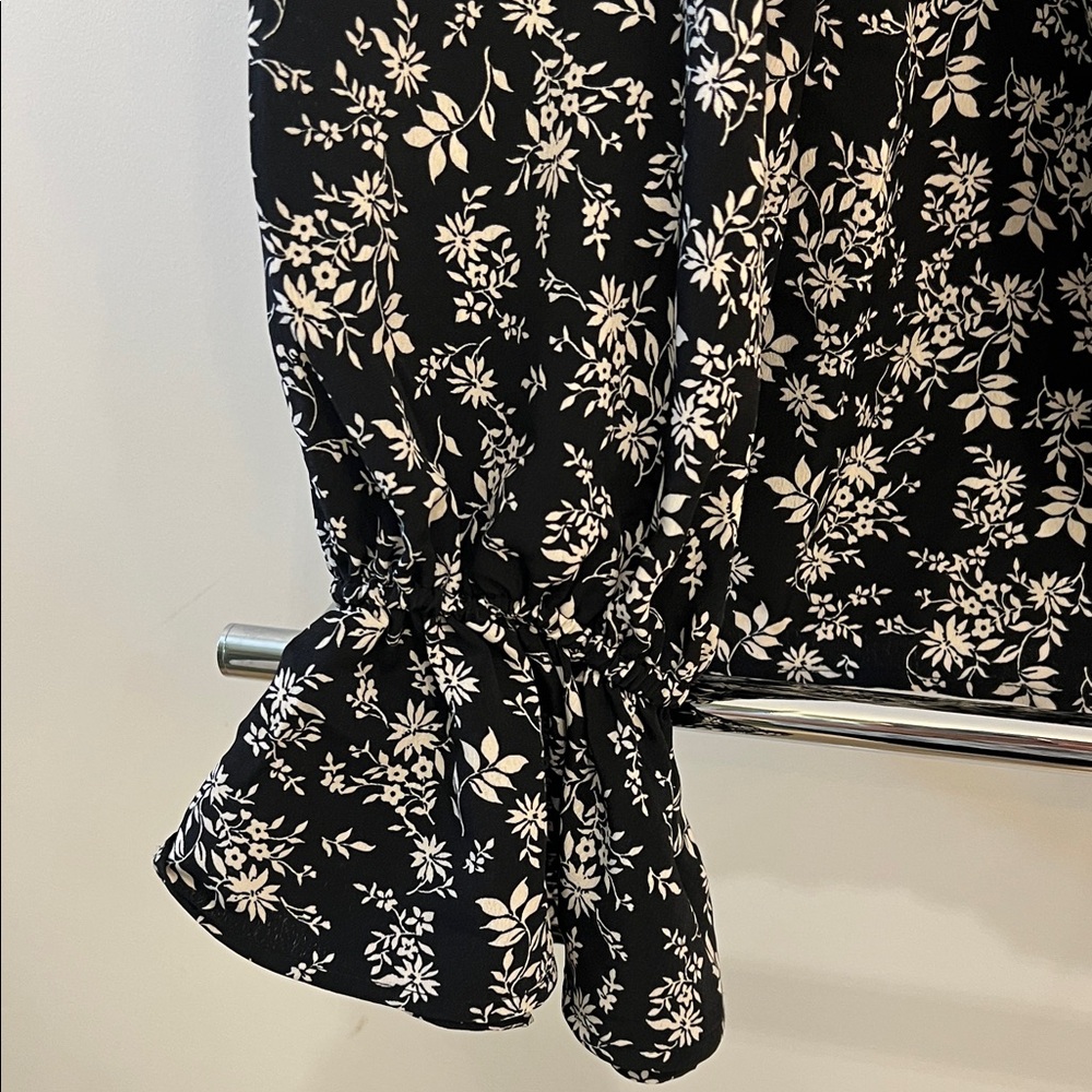 Black Floral Tie-Front Blouse with Ruffle Cuffs - Picture 3 of 6